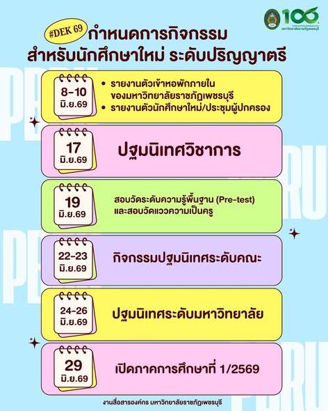 กำหนดการกิจกรรมสำหรับนักศึกษาใหม่  ระดับปริญญาตรี ประจำภาคการศึกษาที่ 1/2569